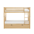 Solid wood bunk bed with ladder, top guardrail and under-bed storage drawer in natural maple finish for kids' bedroom