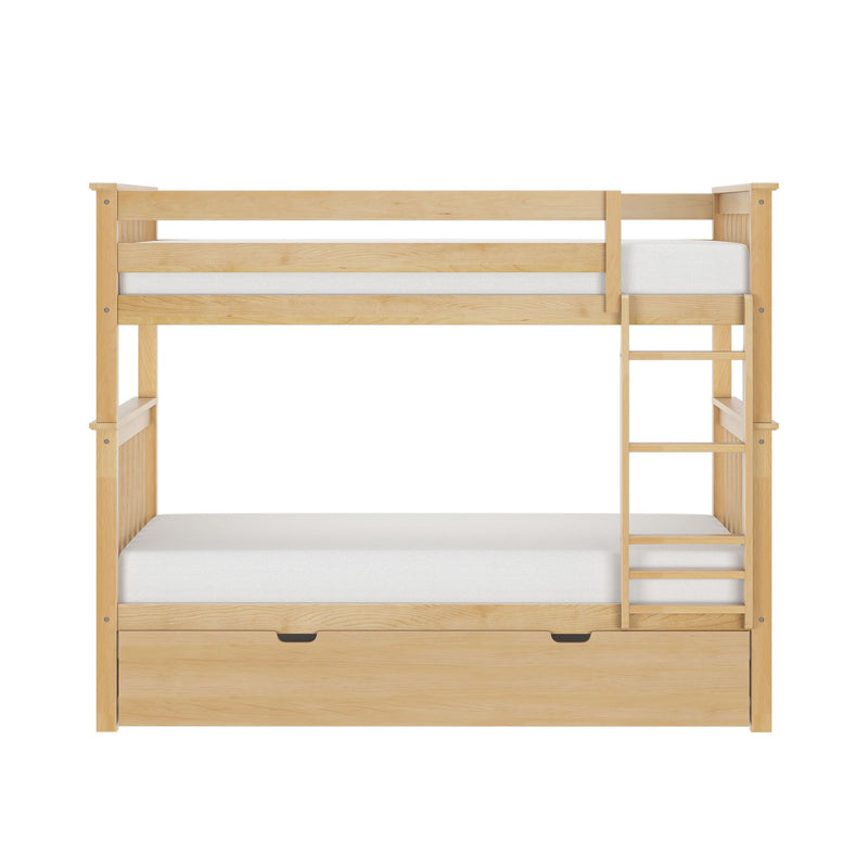 Solid wood bunk bed with ladder, top guardrail and under-bed storage drawer in natural maple finish for kids' bedroom