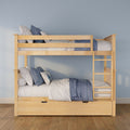 Light wood twin-over-twin bunk bed with blue and white bedding, ladder and under-bed drawer in a pale blue kids' bedroom