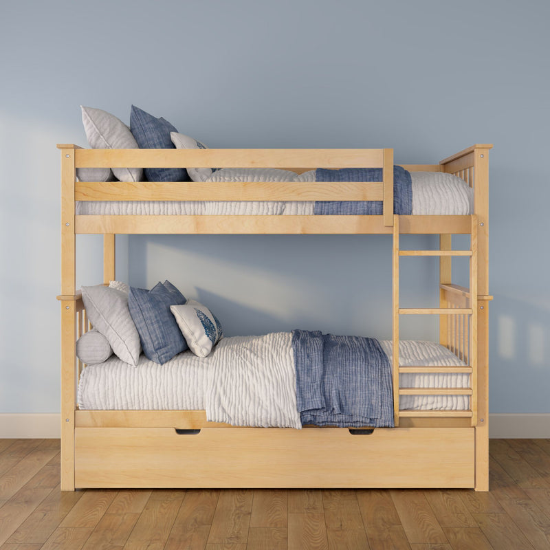Light wood twin-over-twin bunk bed with blue and white bedding, ladder and under-bed drawer in a pale blue kids' bedroom
