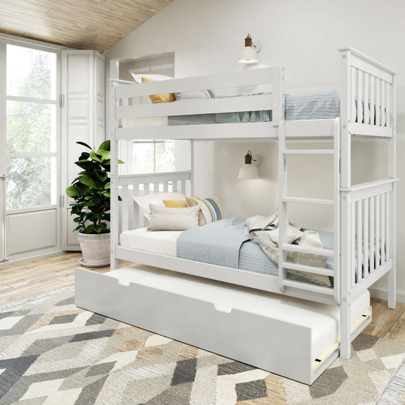 White wooden bunk bed with pull-out trundle in a modern, bright bedroom featuring a large window and indoor potted plant.