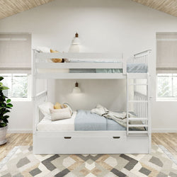 Modern white bunk bed with ladder in cozy bedroom featuring natural light and a patterned rug.