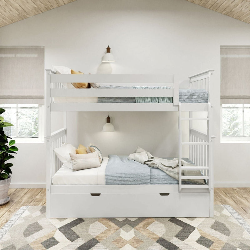 Modern white bunk bed with ladder in cozy bedroom featuring natural light and a patterned rug.