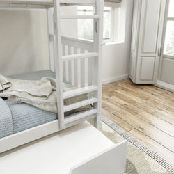 White bunk bed with ladder in a bright, modern bedroom with wooden floors and large windows.