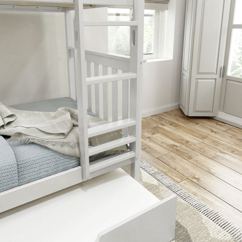 White bunk bed with ladder in a bright, modern bedroom with wooden floors and large windows.