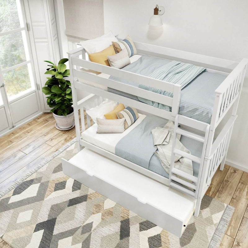 White wooden bunk bed with trundle in bright bedroom, featuring blue and yellow bedding, geometric rug, and potted plant.