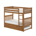 Solid wood twin-over-full bunk bed with ladder, slatted guardrails and under-bed trundle drawer in warm oak finish