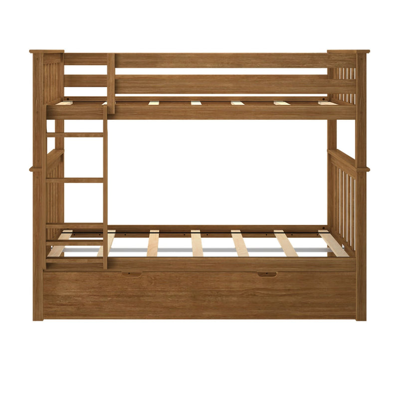 Wooden bunk bed with built-in ladder and pull-out storage drawer.