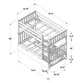 Isometric assembly diagram of a wooden bunk bed frame with ladder, guardrails and under-bed trundle, annotated with detailed dimensions in inches for DIY assembly and product specifications