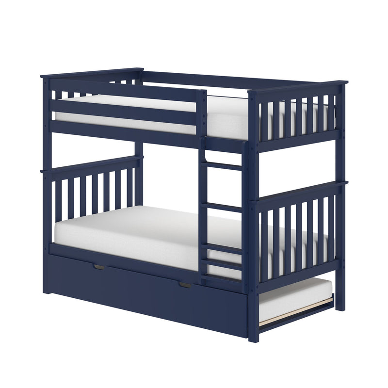 Modern navy blue wooden bunk bed with ladder, safety rails and under-bed trundle drawer for children's bedroom