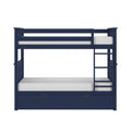 Navy blue wooden twin-over-full bunk bed with ladder, safety guardrails and under-bed storage drawers for kids' bedroom