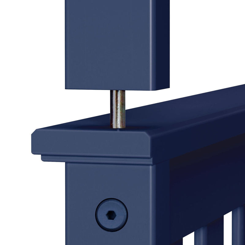 Close-up view of a blue aluminum fence post and rail connection with secure fasteners, showcasing a durable fence construction.