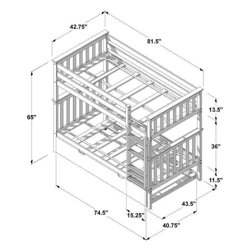 Isometric technical drawing of a wooden bunk bed frame showing labeled dimensions and measurements (42.75", 81.5", 65", 13.5", 36", 11.5", 43.5", 40.75", 74.5", 15.25") for assembly and product listing