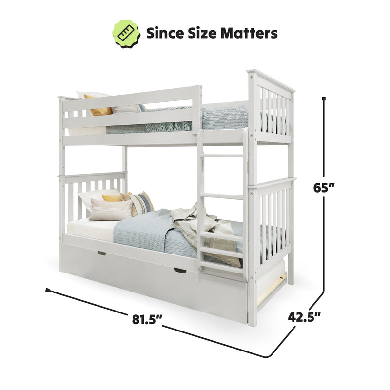 White wooden bunk bed with dimensions 81.5 inches long, 42.5 inches wide, and 65 inches high, featuring a top and bottom bunk with bedding.