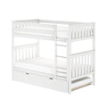 White wooden twin-over-full bunk bed with ladder, guardrails and under-bed drawer storage for kids' bedroom