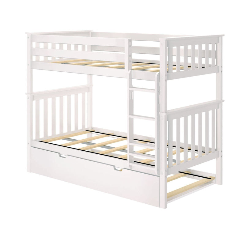 White wooden bunk bed frame with ladder and safety rails, featuring a trundle bed option.