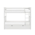 White wooden bunk bed with ladder and under-bed storage drawer — space-saving kids loft bed for small bedrooms