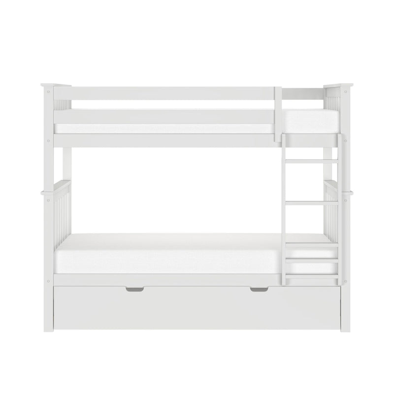 White wooden bunk bed with ladder and under-bed storage drawer — space-saving kids loft bed for small bedrooms
