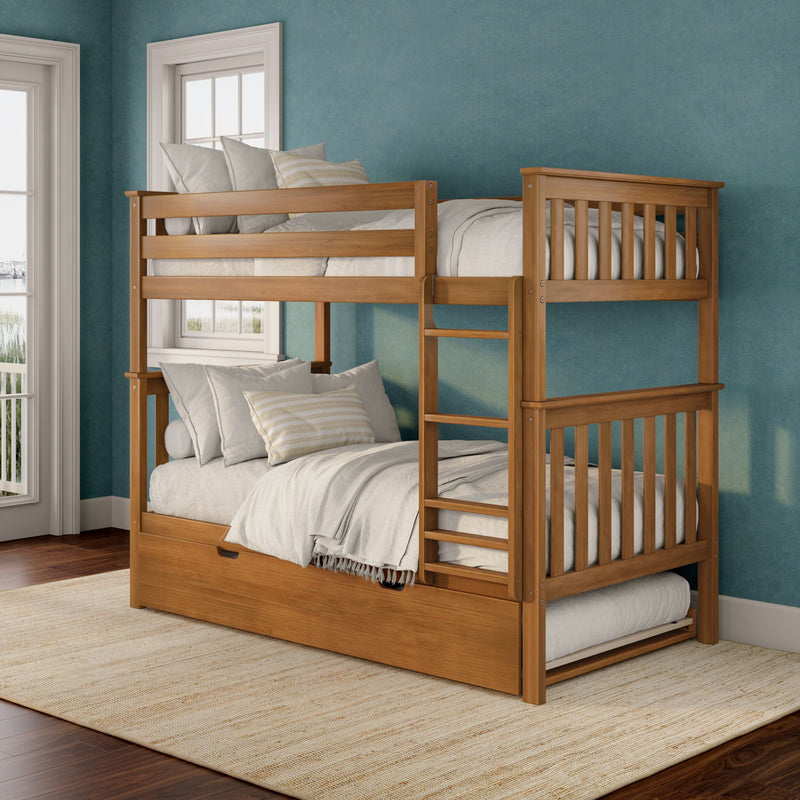Solid wood twin-over-full bunk bed with pull-out trundle, ladder and neutral linens in a modern kids' bedroom with teal walls and hardwood floors