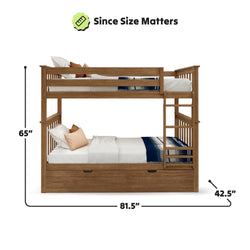 Wooden bunk bed with dimensions 65 inches tall, 81.5 inches long, and 42.5 inches wide, featuring storage and ladder.