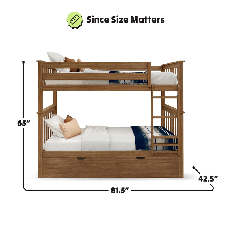 Wooden bunk bed with dimensions 65 inches tall, 81.5 inches long, and 42.5 inches wide, featuring storage and ladder.