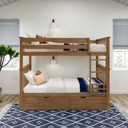Wooden bunk bed in a modern bedroom with blue patterned rug and natural lighting.