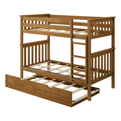 Wooden bunk bed with ladder and pull-out trundle drawer for kids' bedroom.