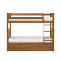 Wooden bunk bed with ladder and under-bed storage drawer in warm natural finish with white mattresses — space-saving kids' bedroom furniture
