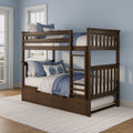 Solid dark-wood bunk bed with ladder and pull-out trundle in a light-blue bedroom, dressed in white quilts, blue blankets and leaf-print pillows