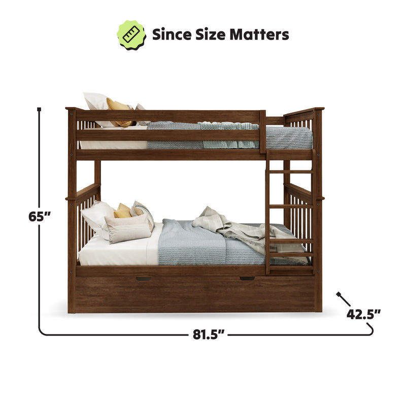 Wooden bunk bed with ladder and mattress, measuring 65 inches in height, 81.5 inches in length, and 42.5 inches in width, ideal for maximizing bedroom space.