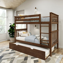 Wooden bunk bed with pull-out trundle in modern bedroom interior.