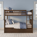 Dark walnut twin-over-twin bunk bed with trundle drawer, ladder and blue-and-white quilted bedding in a coastal kids' bedroom
