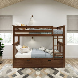 Wooden bunk bed with ladder in a cozy, modern bedroom setting with a patterned rug and large windows.