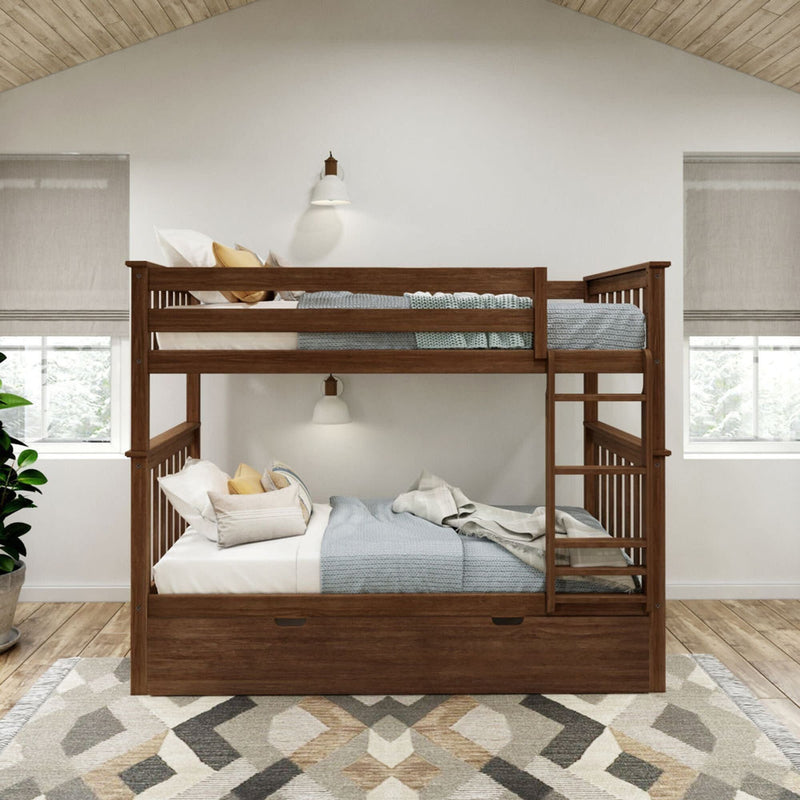 Wooden bunk bed with ladder in a cozy, modern bedroom setting with a patterned rug and large windows.