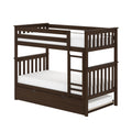 Dark espresso solid wood twin-over-full bunk bed with ladder, safety guardrails, white mattresses and built-in under-bed storage drawer — space-saving kids loft bed