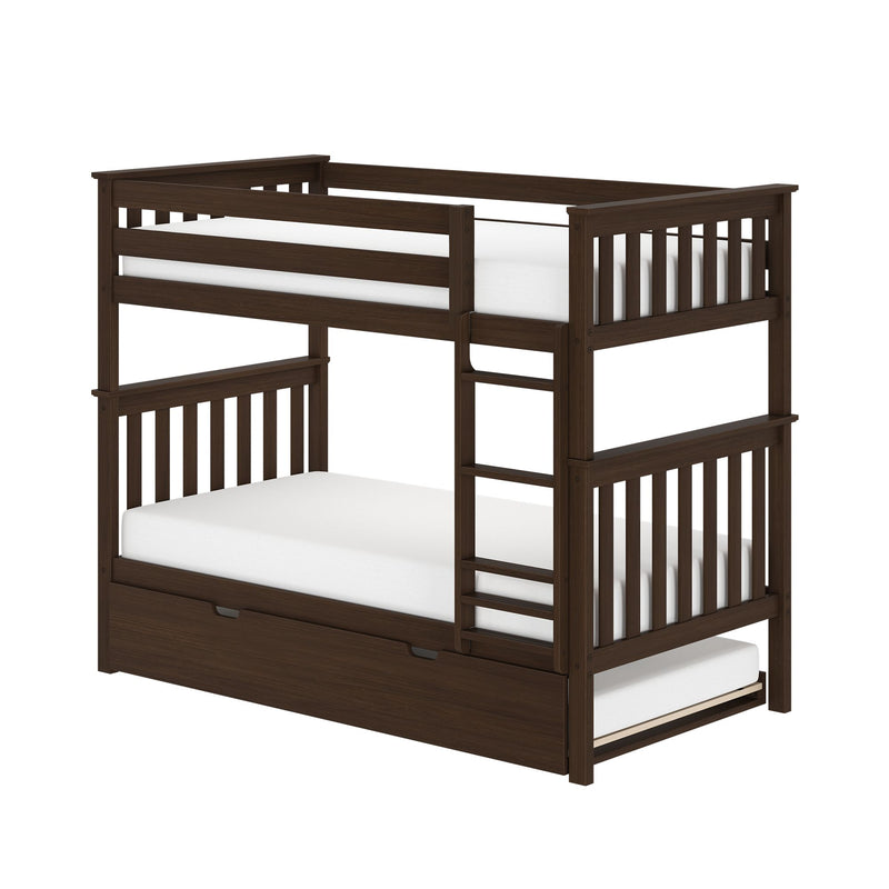 Dark espresso solid wood twin-over-full bunk bed with ladder, safety guardrails, white mattresses and built-in under-bed storage drawer — space-saving kids loft bed