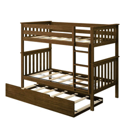 Wooden bunk bed frame with ladder and pull-out trundle drawer for extra storage.