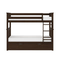 Dark brown solid-wood twin-over-twin bunk bed with ladder, white mattresses and under-bed storage drawer