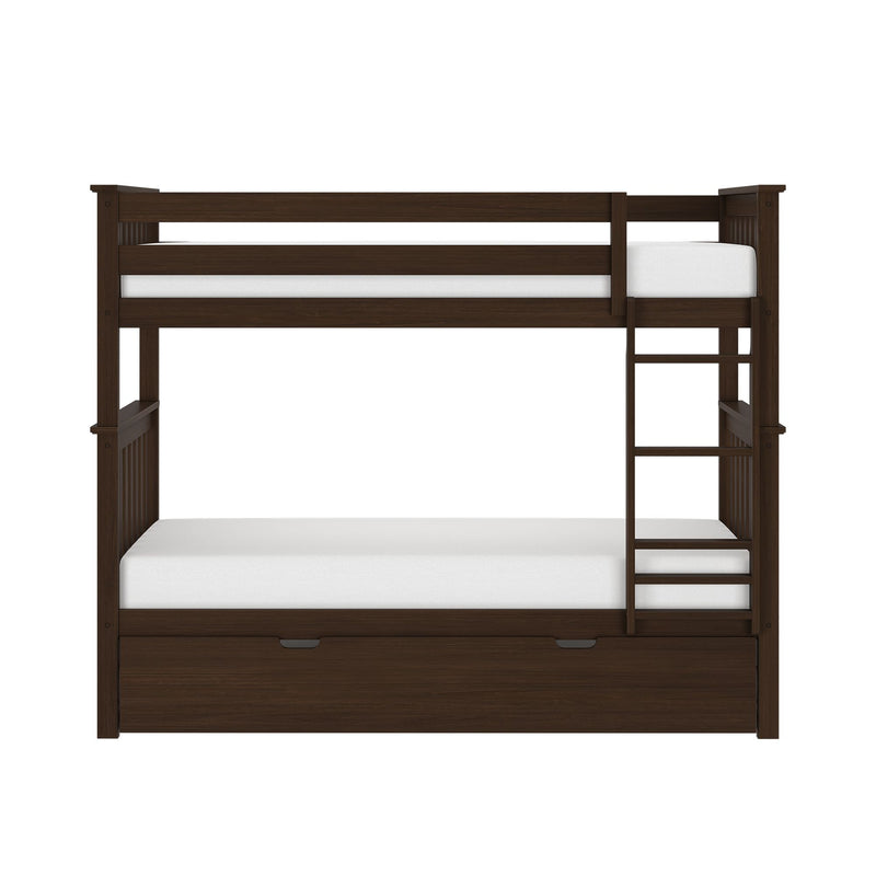 Dark brown solid-wood twin-over-twin bunk bed with ladder, white mattresses and under-bed storage drawer