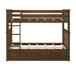 Wooden bunk bed frame with ladder and storage drawers, ideal for saving space in kids' rooms or guest bedrooms.