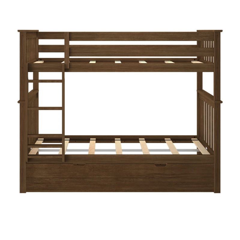Wooden bunk bed frame with ladder and storage drawers, ideal for saving space in kids' rooms or guest bedrooms.