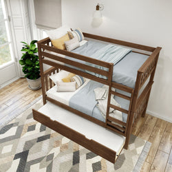 Wooden bunk bed with pull-out trundle in modern bedroom featuring blue and yellow bedding, indoor plant, and geometric rug.