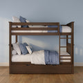 Solid wood bunk bed with ladder and under-storage drawers, styled with blue and white bedding in a kids' bedroom