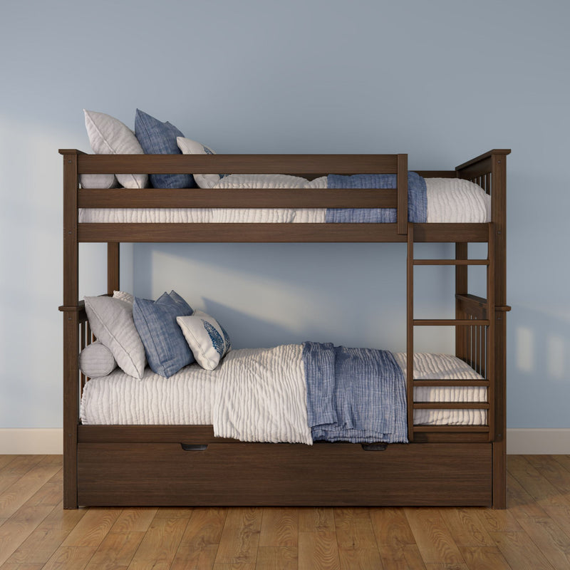 Solid wood bunk bed with ladder and under-storage drawers, styled with blue and white bedding in a kids' bedroom
