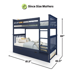 Blue wooden bunk bed with dimensions 81.5" length, 42.5" width, and 65" height, featuring comfortable bedding and built-in ladder.