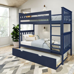 Navy blue wooden bunk bed with trundle in modern bedroom, featuring stylish bedding and cozy decor.