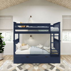 Blue bunk bed with ladder in modern bedroom interior featuring wooden ceiling and geometric rug.