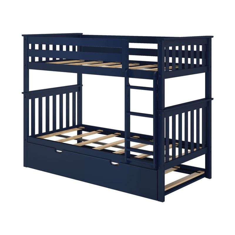 Blue wooden bunk bed with storage drawers and ladder for kids' bedroom furniture.