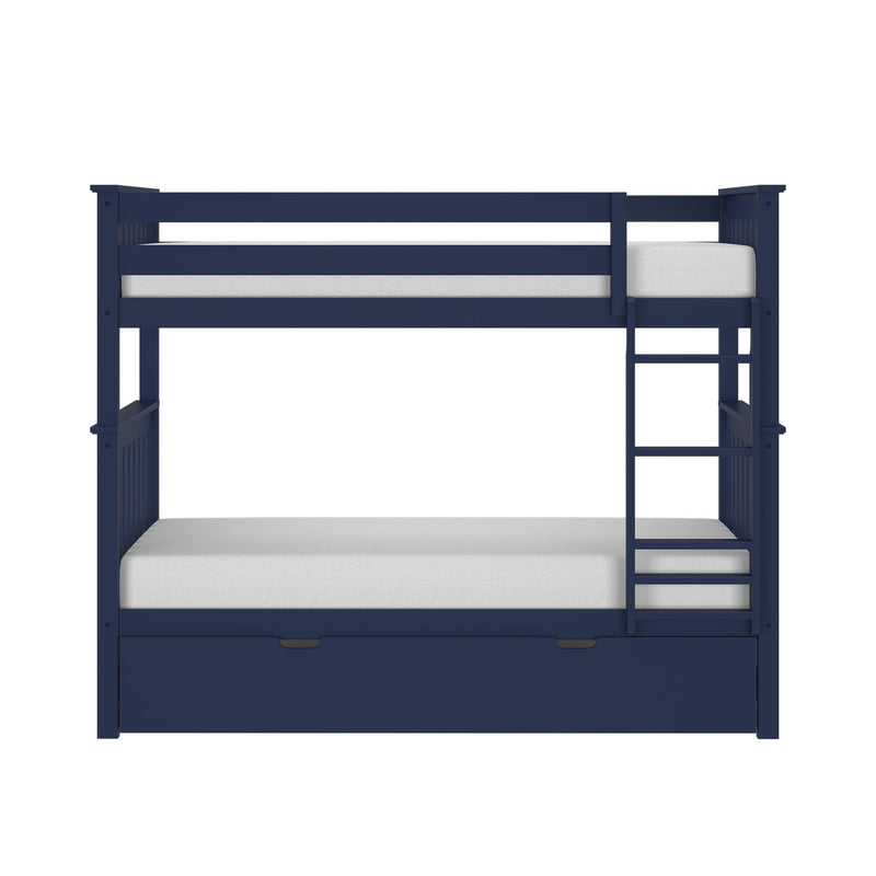 Navy blue solid wood twin-over-twin bunk bed with ladder and under-bed storage trundle, white mattresses, modern kids' bedroom furniture
