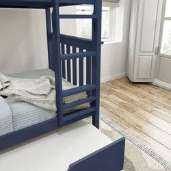 Blue wooden bunk bed with railings in a cozy bedroom featuring light wood flooring and a woven rug.